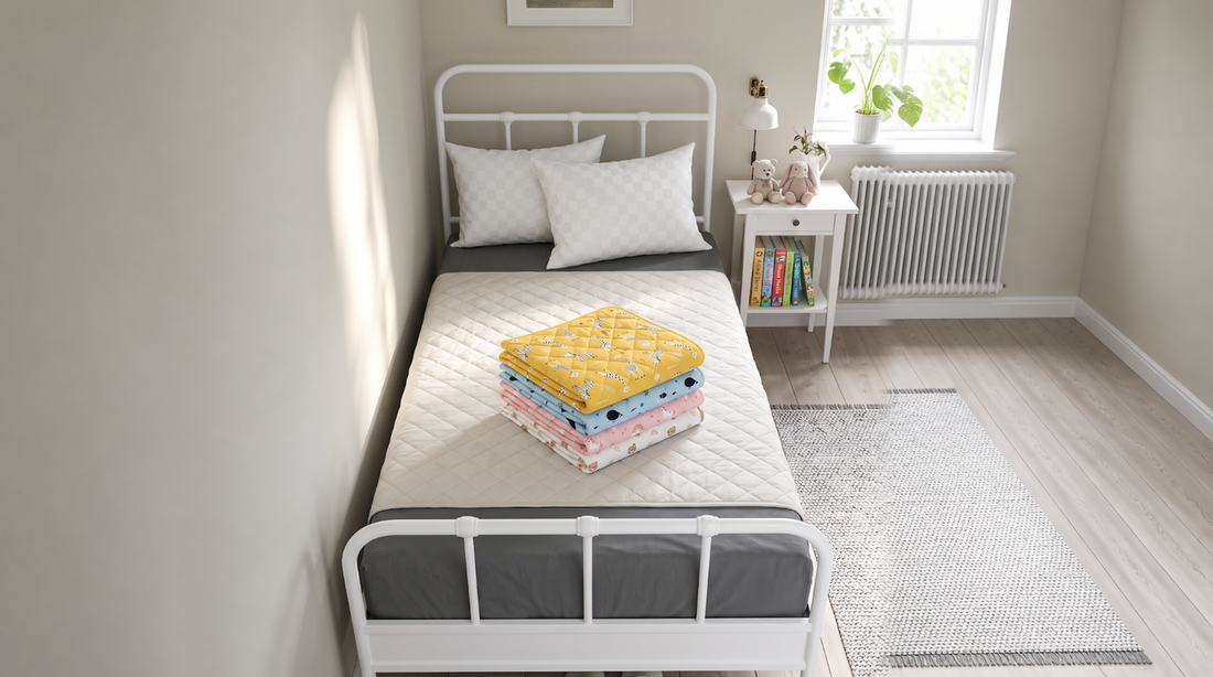 Stacked yellow, blue, pink and cream Rudie Baby leakproof bedding on a child's bed