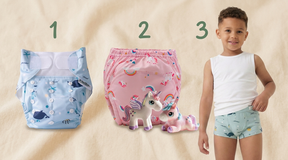 The 3 stages of toilet training: Rudie Baby Dry Start training diaper, training pants, and training underwear