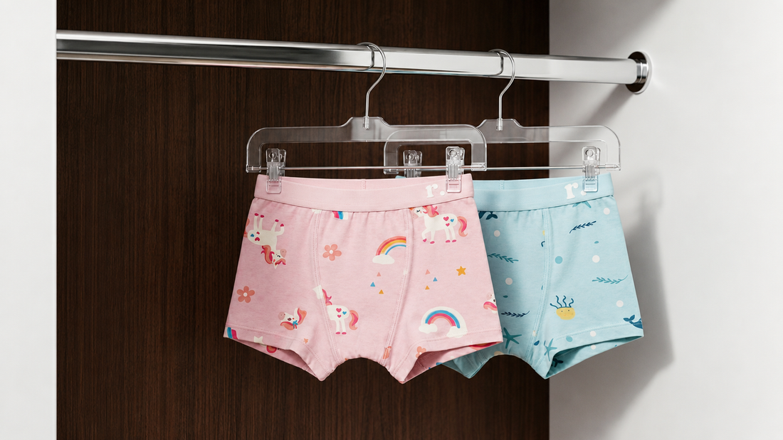 Rudie Baby toilet training underwear hanging in a wardrobe, Unicorns and Whales prints, Australia