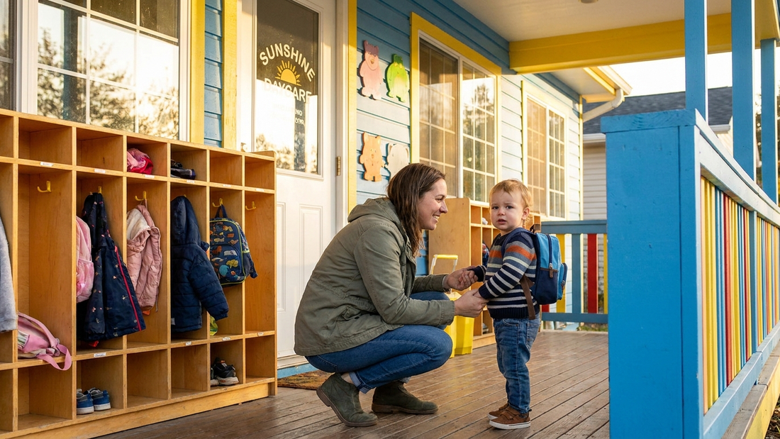 Parent dropping toddler off at childcare during toilet training — Rudie Baby Australia