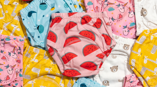 Colourful Rudie Baby Toilet Training Pants arranged around a Watermelon print pair