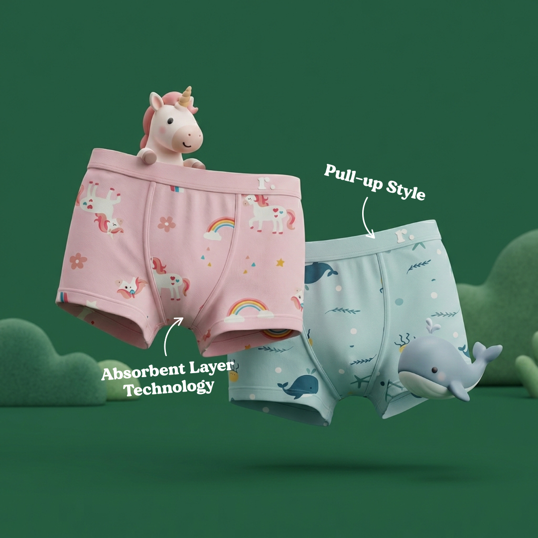 Rudie Baby toilet training underwear size guide and features - bamboo organic cotton, leakproof