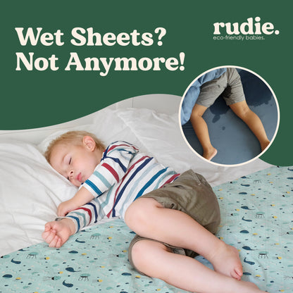 Rudie Baby leakproof bed guard lifestyle ad - no more wet beds